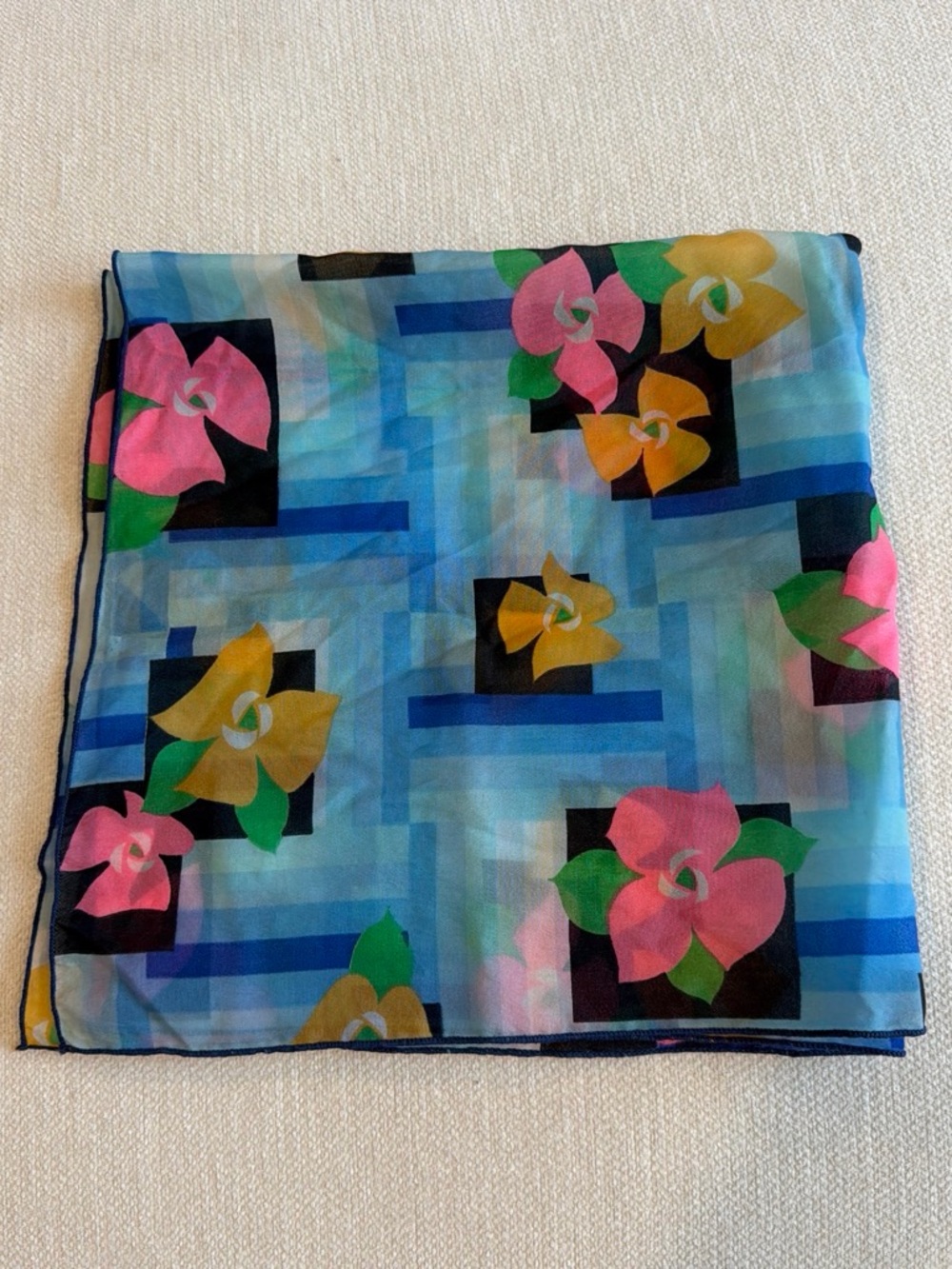 Floral Blue Sheer Scarf with Pink & Yellow Blooms